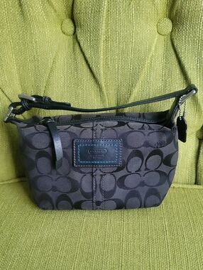 Coach Carly Mini Signature Baguette Black Logo Fabric Shoulder Bag Zip Top Purse